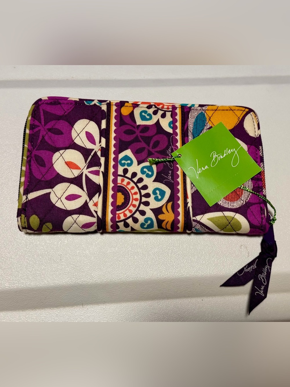 Vera Bradley Quilted Wallet in Purple Floral Print with Teal and Yellow Accents